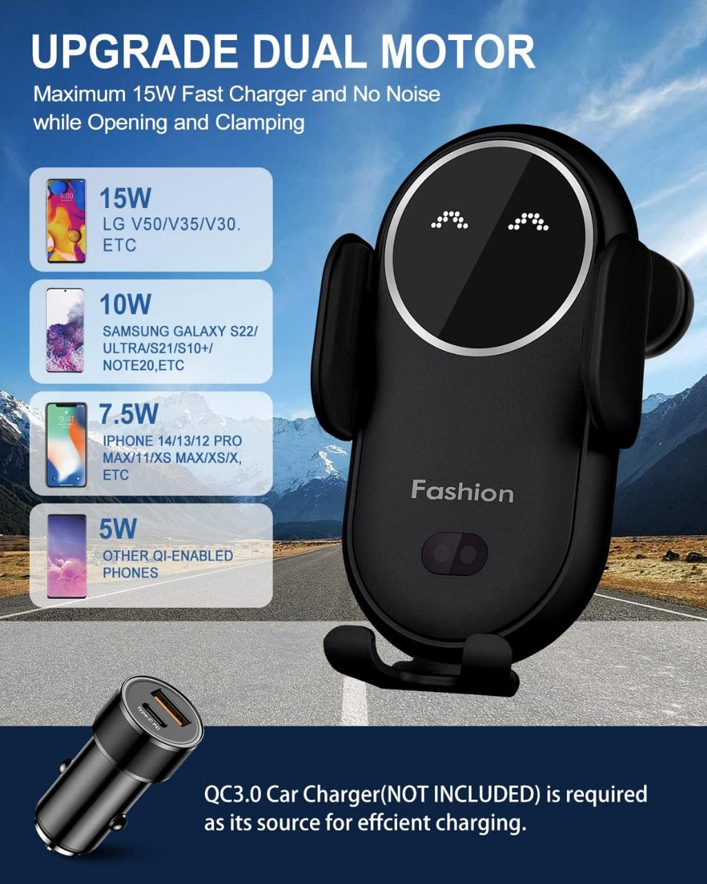 DriveMate™ Automatic Clamping Car Charger 30W wireless charging